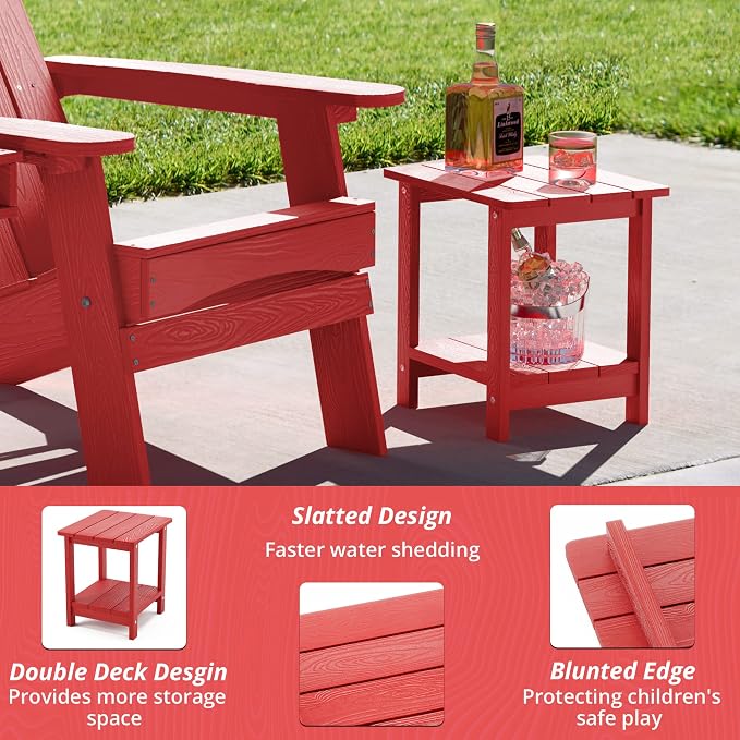 LUE BONA Outdoor Side Table, 2-Tier HDPS Small Patio Table, Bright Red | 2-Tier Shelf for Extra Storage, Small End Table for Pool, Porch, Balcony, Weather Resistant HDPS, Easy Clean