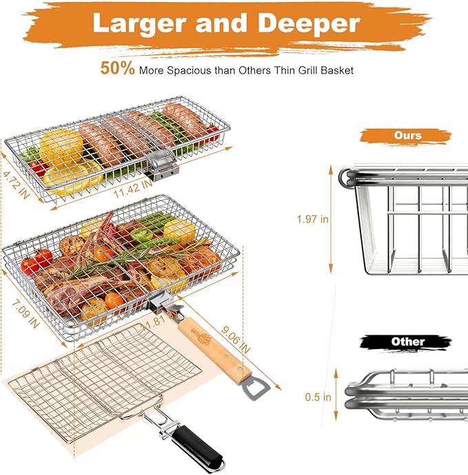 WILLBBQ Grill Basket Set for Camping Outdoor BBQ, Includes 2 Sizes, Removable Divider, Basting Brush, Folding Portable Wooden Handles, Stainless Steel Fish Grilling Veggie Meat Baskets