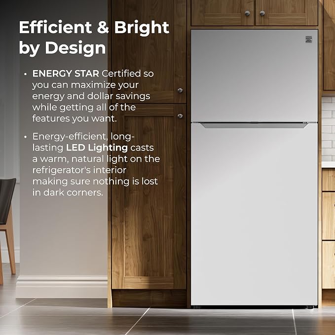 Kenmore 25 cu. ft. 33" Wide Top Mount Refrigerator - White | Adjustable Glass Shelving, Humidity-Controlled Crispers, Gallon Door Bins, LED Lighting, ENERGY STAR Certified