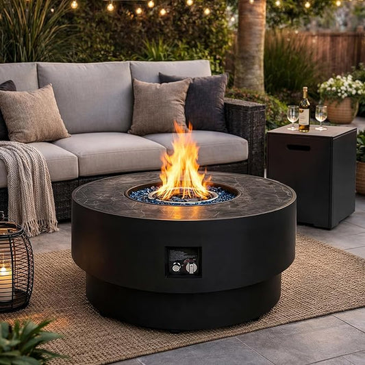 32" Outdoor Propane Fire Pit Table, 50,000 BTU Gas Fire Table with Tank Cover, Marble-Look Ceramic Top, Steel Lid, & Rain Cover, Round Patio Firepit for Backyard, Garden, Party
