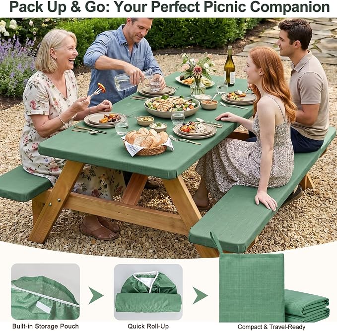 Picnic Table Cover with Bench Covers Windproof Waterproof Picnic Table Covers Camping Tablecloth with Self-Storage Bag, 72in, Sage