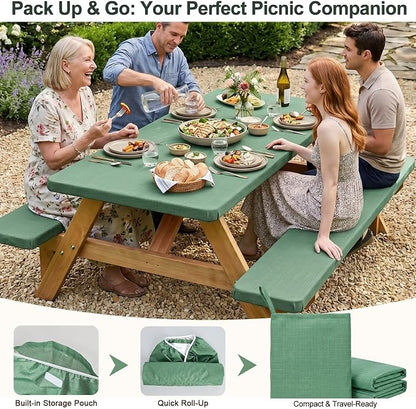 Picnic Table Cover with Bench Covers Windproof Waterproof Picnic Table Covers Camping Tablecloth with Self-Storage Bag, 72in, Sage