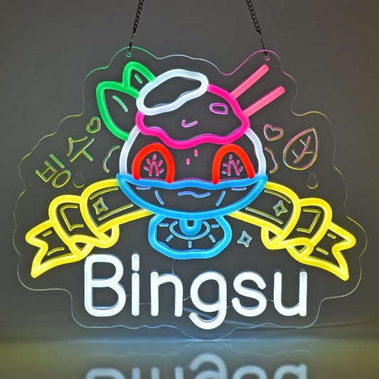 Bingsu Neon Sign,Korean Shaved Ice LED Light Sign Wall Decor | Neon Lights Hanging Wall Art Decoration for Korean Restaurant Ice Cream Cafe Party Home Decor, USB Powered,Dimmable,15×12.2In