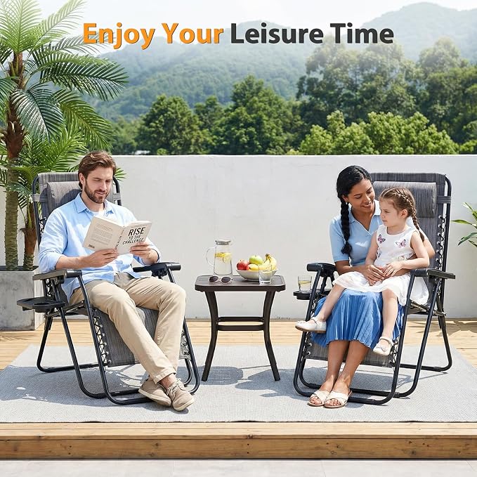 NEWBULIG Zero Gravity Chairs Set of 2, Folding Lounge Chair, Grey | Portable Lawn Camping Recliner with Adjustable Pollow, Mesh Back, Cup Holder Trays for Pool Beach Patio