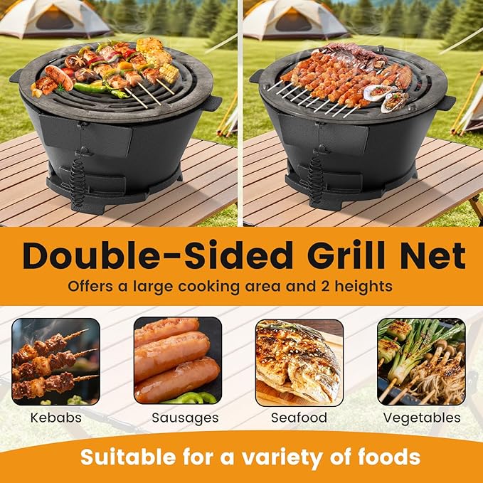Hibachi Grill, Portable Cast Iron Charcoal Grill with Air Regulating Door & Fire Gate, Grate Lifter, Small Tabletop Japanese Yakitori Grill for Outdoor Camping, Picnic, Party (Round)