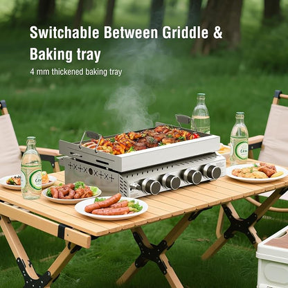 Electactic 4 Burners Tabletop Propane Gas Griddle,24 inch Detachable Griddle with handle,32000BTU Portable Stainless Steel Gas Grill for Camping,Outdoor & Tailgating Barbecue