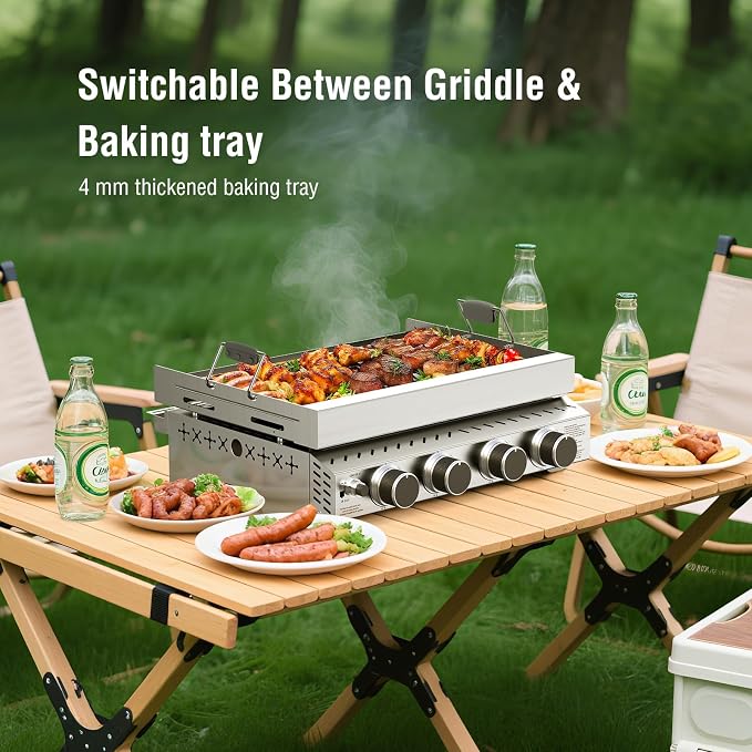 COWSAR 4-Burner Tabletop Propane Gas Griddle – 24-Inch Detachable Flat Top Grill with Handle, 32,000 BTU Portable Stainless Steel BBQ for Camping, Outdoors & Tailgating