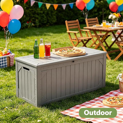 Outdoor Storage Box, 95 Gallon Deck Box Outdoor Storage Bench, Outside Waterproof Resin Storage Bench, Lockable Patio Cushions, Garden Tools Storage for Furniture, UV Resistant (Gray)