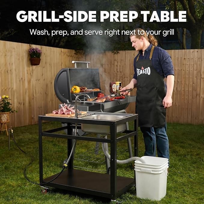FEASTO 35-Inch Outdoor Grill Cart with Stainless Steel Sink, Rolling BBQ Prep Table with Faucet, Storage Shelves and Lockable Wheels for Patio, Backyard and Outdoor Cooking, Silver & Black | Rolling BBQ Prep Table with Faucet, Storage Shelves and Locka...