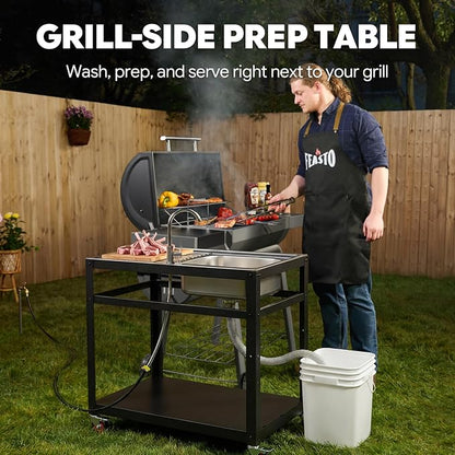 FEASTO 35-Inch Outdoor Grill Cart with Stainless Steel Sink, Rolling BBQ Prep Table with Faucet, Storage Shelves and Lockable Wheels for Patio, Backyard and Outdoor Cooking, Silver & Black | Rolling BBQ Prep Table with Faucet, Storage Shelves and Locka...