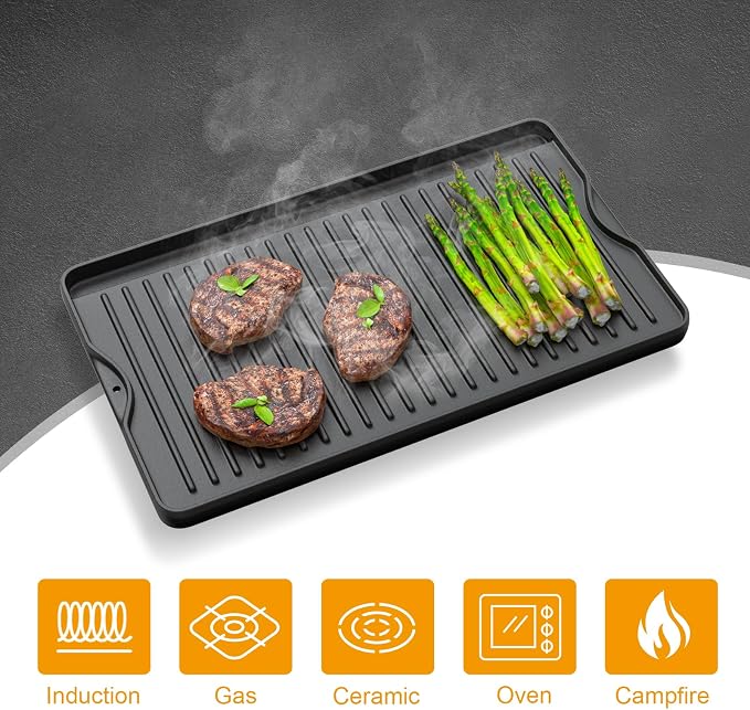 2-in-1 Reversible 16” x 24” Pre-Seasoned Cast Iron Cooking Griddle | for Gas Stove/Charcoal/Electric/Propane/Gas Grill, Flat Griddle Top Plate for Camping Tailgating