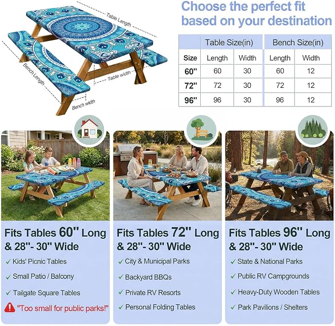 Picnic Table Cover Bench Covers Camping Essentials Tablecloth | Waterproof Vinyl for Outdoor, Windproof Elastic Fitted Edges, RV BBQ Accessories Must Haves, Storage Bag Included