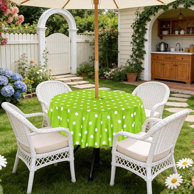 Poise3EHome Round Outdoor Tablecloth with Umbrella Hole and Zipper,Green Dot 70 Inch,Polyester SpillProof Washable Table Cloth for Spring Summer Patio Garden Poolside Picnic Camping BBQS