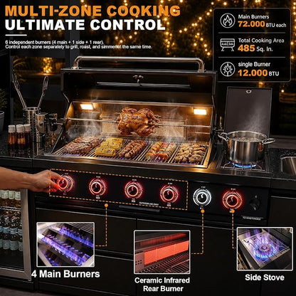 97.2" 4-Burner Modular Outdoor Kitchen Island, 72000 BTU Propane Gas Grill | Side Stove, Rear Infrared, Galvanized Steel Roof, Granite Countertop, Fridge, 360° Pull-Out Faucet,304 Sink, Rotisserie