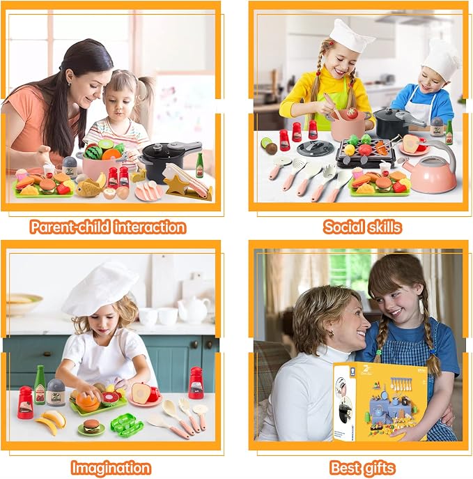 105Pcs Kids Kitchen Toy Accessories, Toddler Pretend BBQ Camping Cooking Playset, Play Pots, Pans, Utensils Cookware Toys, Play Food Set, Vegetables, Learning Gift for Girls Boys