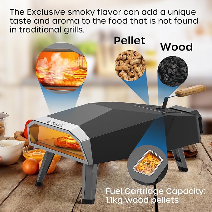 ECOWELL 12" Pizza Oven Outdoor Wood Fired, Outside Pellet Pizza Oven | with Pizza Stone/Peel/Cutter, Infrared Thermometer and Portable Cover, Black