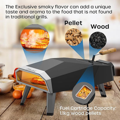 ECOWELL 12" Pizza Oven Outdoor Wood Fired, Outside Pellet Pizza Oven | with Pizza Stone/Peel/Cutter, Infrared Thermometer and Portable Cover, Black