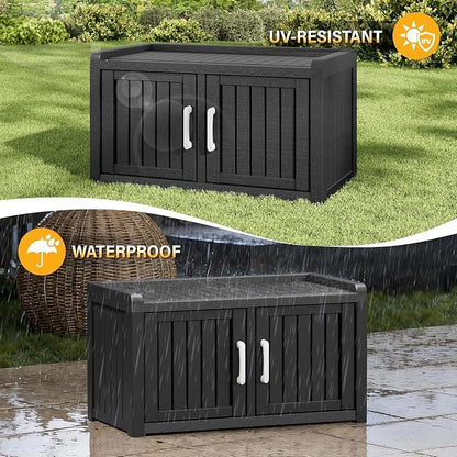 2 Doors Outdoor Shoe Storage Bench | Waterproof UV-Resistant Resin Cabinet, Entryway Organizer for Porch, Hallway, Black