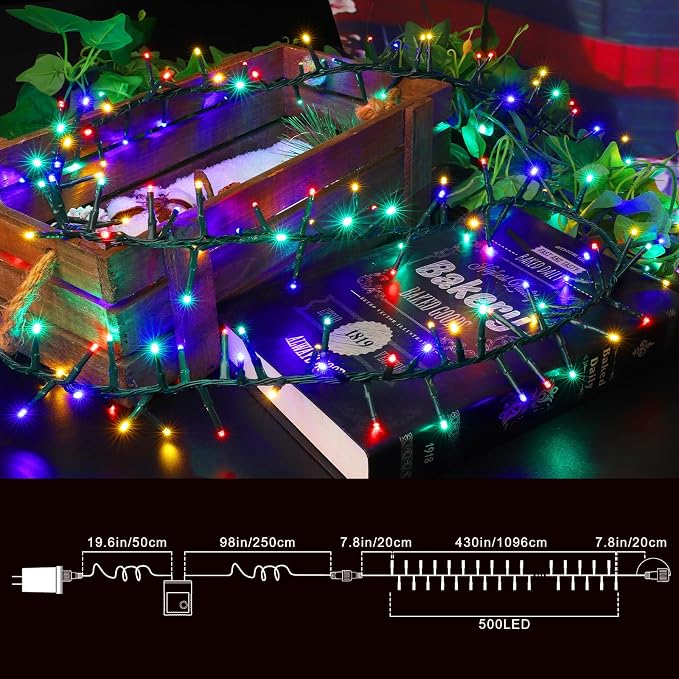 500 LED String Lights Outdoor, 16 Modes Plug-in Twinkle Fairy for Bedroom, 46ft 500LED Christmas Cluster Outdoor Waterproof - Multicolor