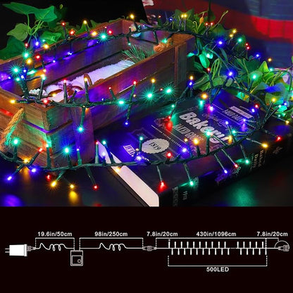 500 LED String Lights Outdoor, 16 Modes Plug-in Twinkle Fairy for Bedroom, 46ft 500LED Christmas Cluster Outdoor Waterproof - Multicolor