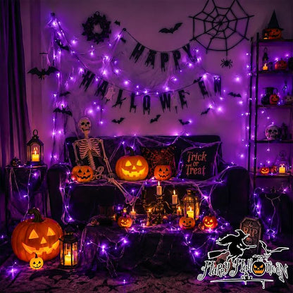 YEGUO 66ft 200 LED Halloween Lights Outdoor Waterproof, Purple String Lights Indoor Plug in, 8 Modes Clear Wire Purple Lights for Halloween Holiday Home Tree Garden Patio Decor