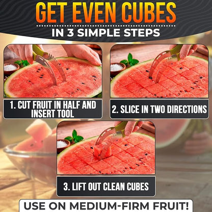 2-in-1 Watermelon Slicer Cutter Tool, Stainless Steel, Cubes & Slices | Watermelon Cutter Slicer Tool; Fast Clean Cuts; Dishwasher Safe; for Cutting & Serving; for BBQ, Picnic, Camping & Snack Prep