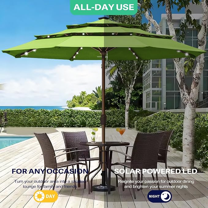 EliteShade USA 10-Year-Non-Fading 10ft 3-Tier Market Patio Umbrella, Commercial Table Umbrella with 80 Solar LED Lights, Crank Open, Windproof & UPF 50+ UV Protection for Garden, Deck, Pool, Backyard, No Tilt, Macaw Green