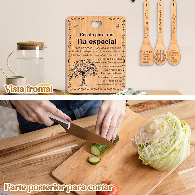Regalos de cumpleaños para Tía - "Receta para una Tía especial". Juego de tablas de cortar y utensilios de bambú grabados. Regalos de cumpleaños para Tía. Spanish Aunt Cutting Board