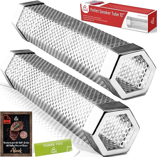 LIZZQ Premium Pellet Smoker Tube 12" (Set of 2) - 5 Hours of Billowing Smoke, Hot or Cold Smoking, for Any Grill or Smoker, An Easy and Safe Way to Provide Smoking, Free eBook Grilling Ideas & Recipes