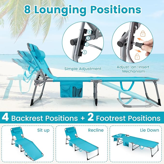 COSTWAY Tanning Chair with Face Hole, Folding Beach Lounge Chair with 4-Position Adjustable Backrest, Pillow & Side Pocket, Foldable Chaise Lounge Chair Outdoor for Sunbathing, Camping (2, Turquoise)