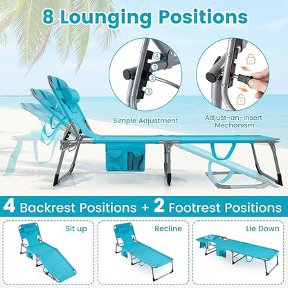 COSTWAY Tanning Chair with Face Hole, Folding Beach Lounge Chair with 4-Position Adjustable Backrest, Pillow & Side Pocket, Foldable Chaise Lounge Chair Outdoor for Sunbathing, Camping (2, Turquoise)