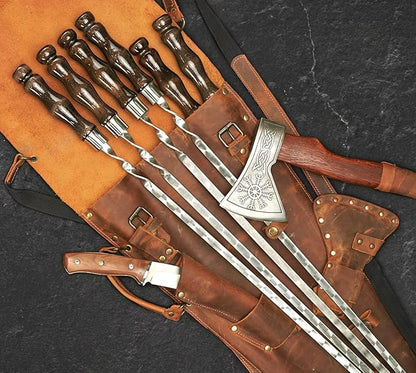 Grilling Supplies for BBQ - Outdoor Skewers Set for BBQ - Premium Barbecue Skewers Tool Sets Grill Utensils - Outdoor Grilling Set - Grill Skewers Set with Leather Case Chieftain