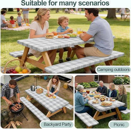 Picnic Table Cover Bench Covers Camping Essentials Tablecloth | Waterproof Vinyl for Outdoor, Windproof Elastic Fitted Edges, RV BBQ Accessories Must Haves, Storage Bag Included