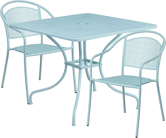 Flash Furniture 35.5" SQ Patio Table Set - 2 Round Back Chairs, Sky Blue | Commercial Grade, Indoor/Outdoor, Steel Frame, Resists UV Fading