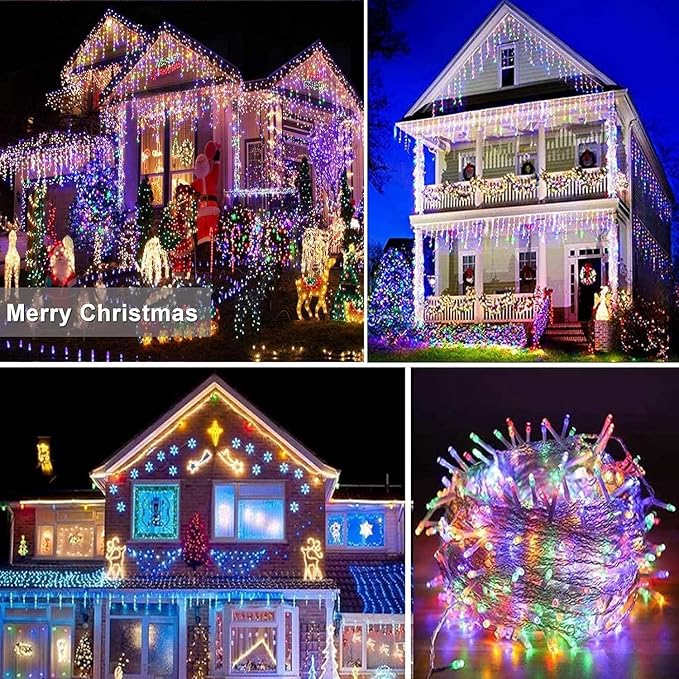 Joomer 66FT Christmas Icicle Lights Outdoor Non-Connectable Multicolor | 100 Drops 8 Modes Timer Waterproof Plug-in String Light for Christmas Party, holiday Eaves Roof Xmas Decorations