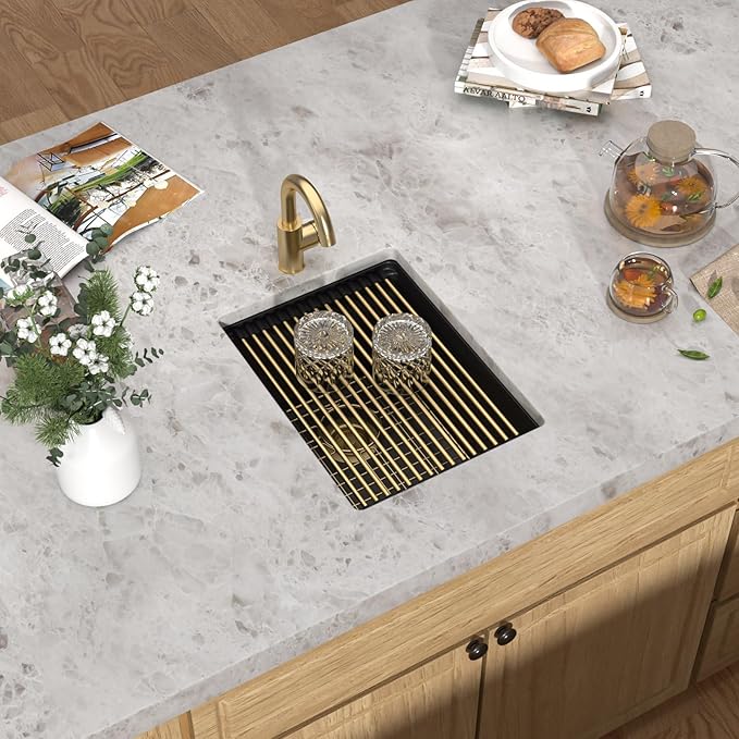 15 Inch Undermount Bar Sink - Matte Black Granite Composite Workstation Single Bowl Small Prep Wet Sink with All-In One Gold Accessories & Cutting Board for RV, Kitchen Bar, and Boat #TLGU-147