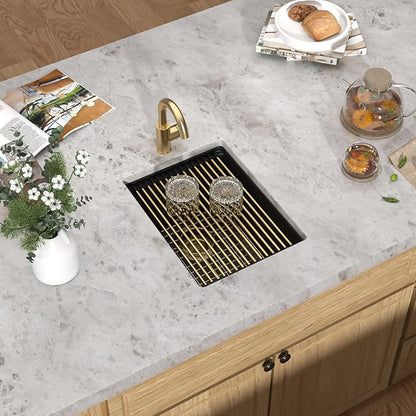 15 Inch Undermount Bar Sink - Matte Black Granite Composite Workstation Single Bowl Small Prep Wet Sink with All-In One Gold Accessories & Cutting Board for RV, Kitchen Bar, and Boat #TLGU-147