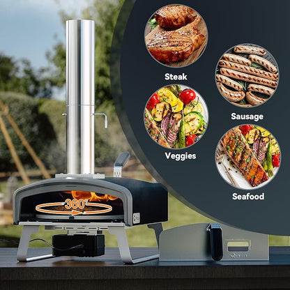 Wood Fire Pizza Oven with Rotatable Stone, Portable Wood/Charcoal Pizza Oven with Chimney and Door, Outdoor Pizza Stove for Backyard, Camping, Picnicking, RV, Tailgating, PS108