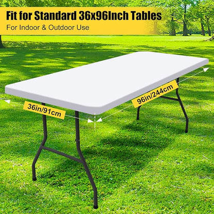 Smiry Rectangle Picnic Table Cloth, Waterproof Elastic Fitted Tablecloths for 8 Foot Tables, Washable Polyester Table Cover for Camping, Indoor and Outdoor (White, 36"x96")