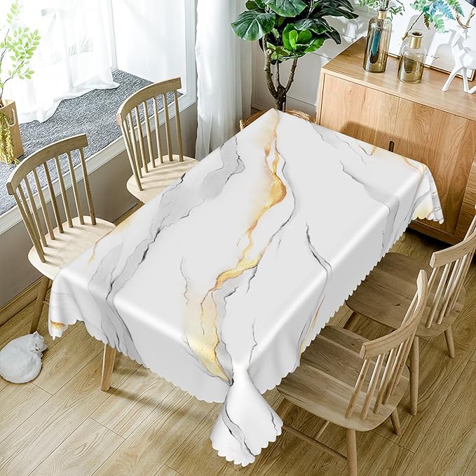 54x86inches White Gold Marble Tablecloth Rectangle Marble Texture Table Cloth Waterproof and Stain Resistant Fabric Table Cover for Kitchen Dinning Home Decor Indoor Outdoor Party Supplies