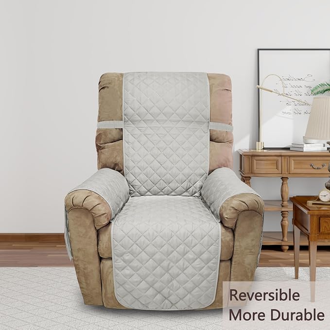 Reversible Chair Covers for Recliner Oversized, Light Grey | Recliner Oversized Covers for Living Room with Elastic Straps, Water Repellent, Chair Protectors Covers for Dogs