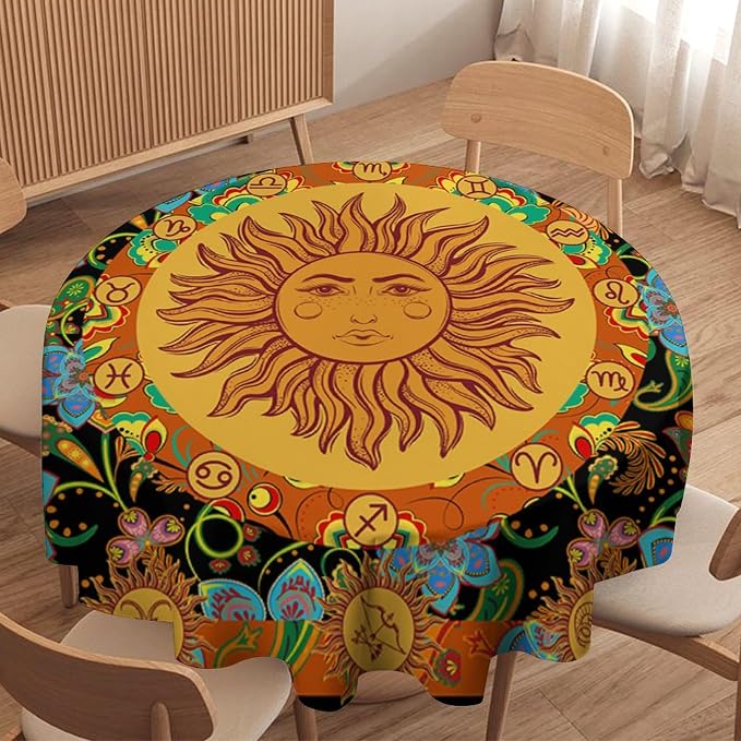 Vintage Boho Sun Round Tablecloth Wildflower Floral Bohemian Hippie Sun Table Cloth Water Resistant Wipeable Table Cover for Farmhouse Picnic Party Holiday Kitchen Dinner Table 60"