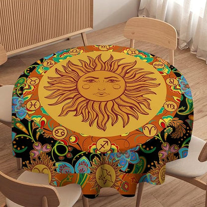 Vintage Boho Sun Round Tablecloth Wildflower Floral Bohemian Hippie Sun Table Cloth Water Resistant Wipeable Table Cover for Farmhouse Picnic Party Holiday Kitchen Dinner Table 60"