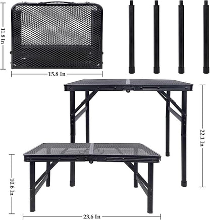 FORUP Small Folding Table, Camping Table with Mesh Desktop, Portable Picnic Table with Carry Handle, Height Adjustable Portable Grill Table for Outside Inside Use