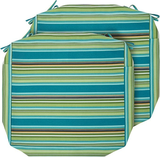 Magpie Fabrics Indoor Outdoor Cushion Cover Replacement 2 Pack, NO Insert! Water Repellent Slipcover with Ties Decor for Patio Garden Chair Sofa Bench Wicker(Green Striped, 24x22x4 Inch)