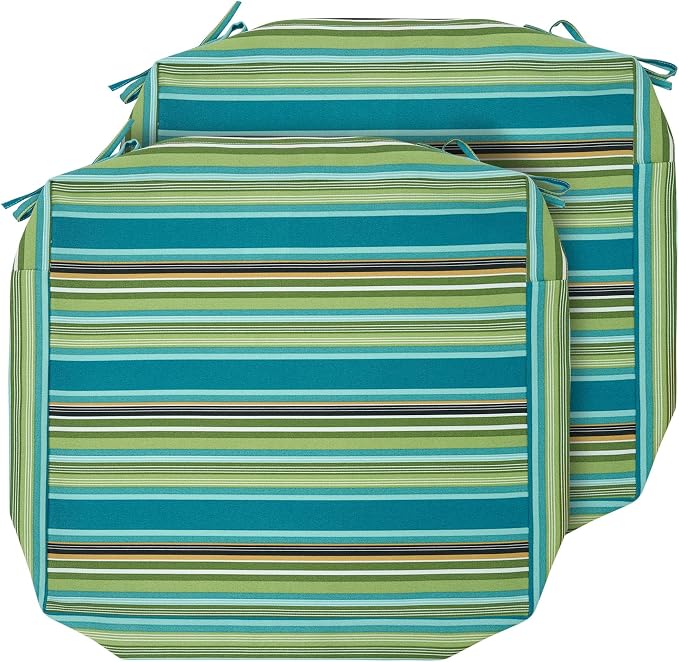 Magpie Fabrics Indoor Outdoor Cushion Cover Replacement 2 Pack, NO Insert! Water Repellent Slipcover with Ties Decor for Patio Garden Chair Sofa Bench Wicker(Green Striped, 22x20x4 Inch)