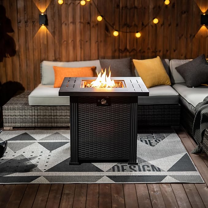 KEIKI 28 Inch Square Propane Fire Pit Table, Outdoor Gas Patio Heater with Metal Tabletop, 50000 BTU Backyard Firepit with Lid and Stones