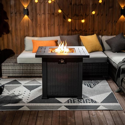 KEIKI 28 Inch Square Propane Fire Pit Table, Outdoor Gas Patio Heater with Metal Tabletop, 50000 BTU Backyard Firepit with Lid and Stones
