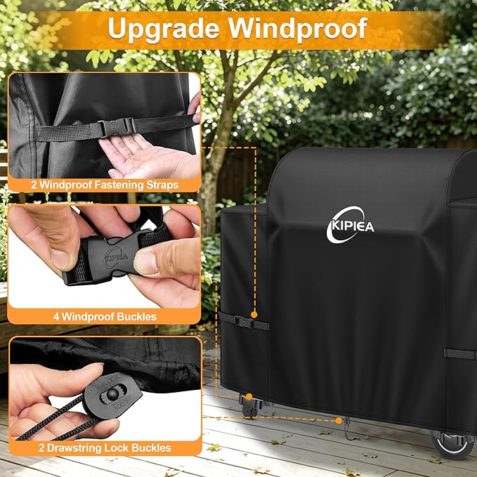 Kipiea Heavy Duty Grill Cover for Traeger Ironwood 885, 600D Oxford Fabric Wood Pellet Smoker Covers Waterproof & Windproof, Pellet BBQ Grill Cover for Outside Anti-UV, No Tear, No Fading