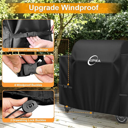 Kipiea Heavy Duty Grill Cover for Traeger Ironwood 885, 600D Oxford Fabric Wood Pellet Smoker Covers Waterproof & Windproof, Pellet BBQ Grill Cover for Outside Anti-UV, No Tear, No Fading